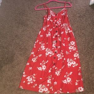 Floral Red Dress with Pockets